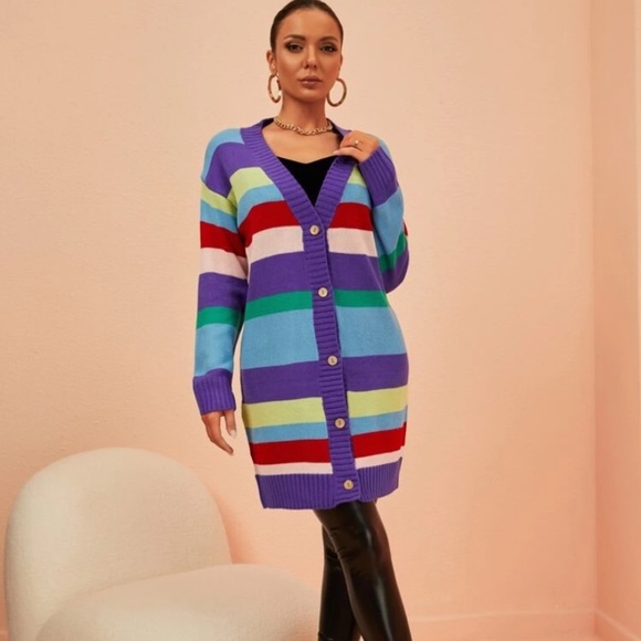 NEW INVENTORY 🎆Rainbow Stripe Pattern Drop Shoulder Cardigan🎆 - Picture 5 of 11